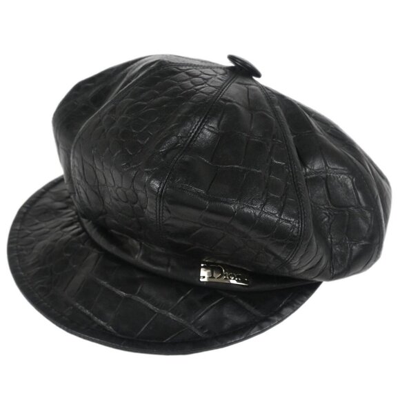 Christian Dior Black Embossed Leather Newsboy Cap Hat Small Good
